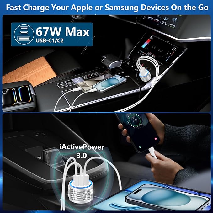 USB C Car Charger, 2Pack BAOYUANDA 67W 3-Port USB-C & USB-A Fast Car Charger Cigarette Lighter Fast Charging for iPhone 16/15/14/13/12/11/Pro Max, iPad Pro, Galaxy S24/S23/S22, Google Pixel, Android