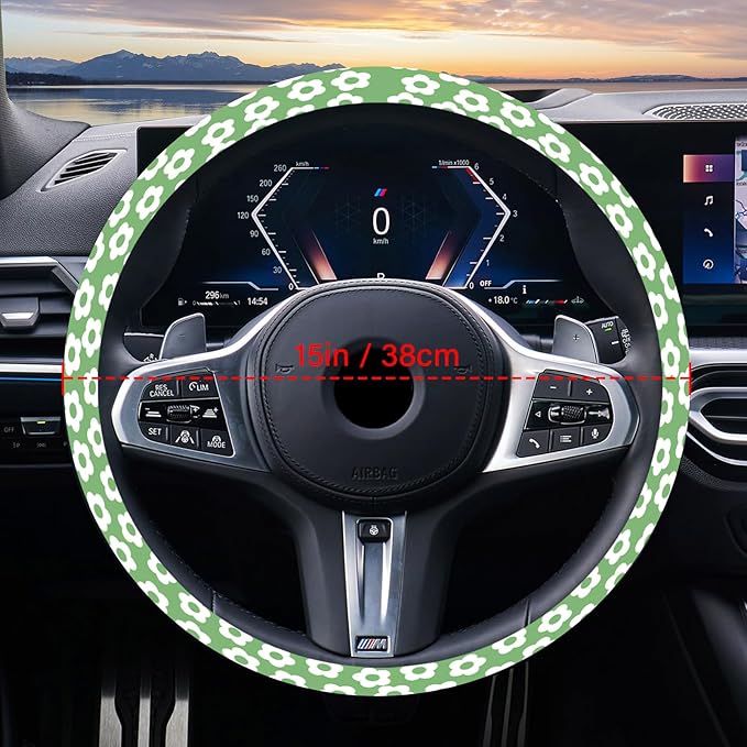 Car Steering Wheel Cover for Women Men, Non-Slip Breathable Cute Steering Wheel,Green Flowers Steering Wheel Protector, Car Accessories, Universal 14" 02/2-15" Fit Auto, Suvs