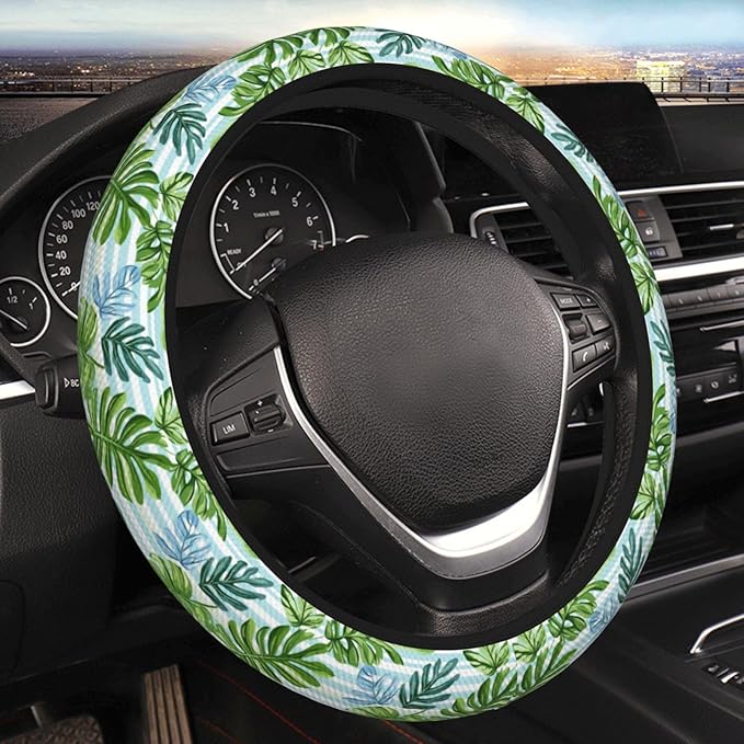 Tropical Leaves Stripes Steering Wheel Cover for Women Men Girls, Car Accessories Decor Thickened Anti-Slip Auto Steering Wheel Covers Protector Universal Fit 15 Inch for Cars, Truck, SUV