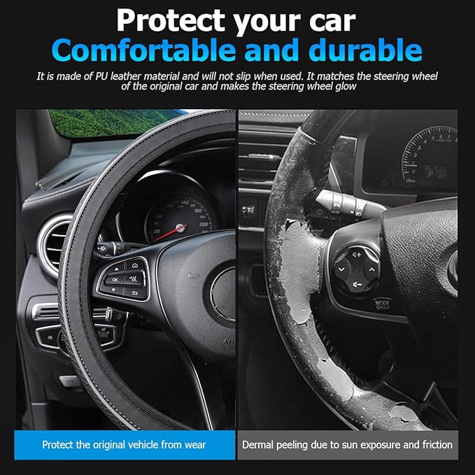 Car Steering Wheel Cover, Anti-Slip Breathable Leather Vehicle Steer Wheel Protector Adaptable to 14.5-15 Inches, Steering Wheel Protection Guard, Universal Automotive Accessories (Gray)