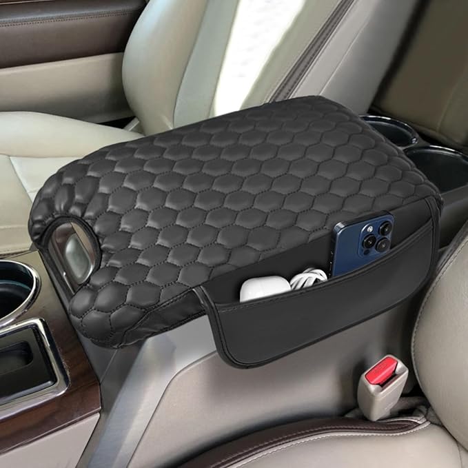 Center Console Cover Nappa Leather Armrest Cover Compatible with 2009-2014 Ford F150 Flow-Through Console Middle Console Cover with Two Side Pockets Center Console Cushion