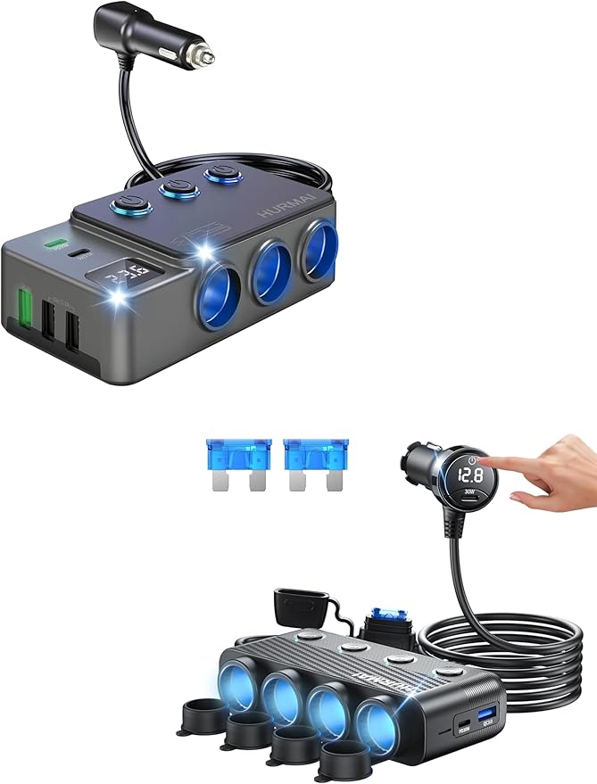 12V Car Heavy Duty Truck Cigarette Lighter Plug USB Charger Multi Port Car Plug Outlet Splitter with LED Voltage Display Independent Switches