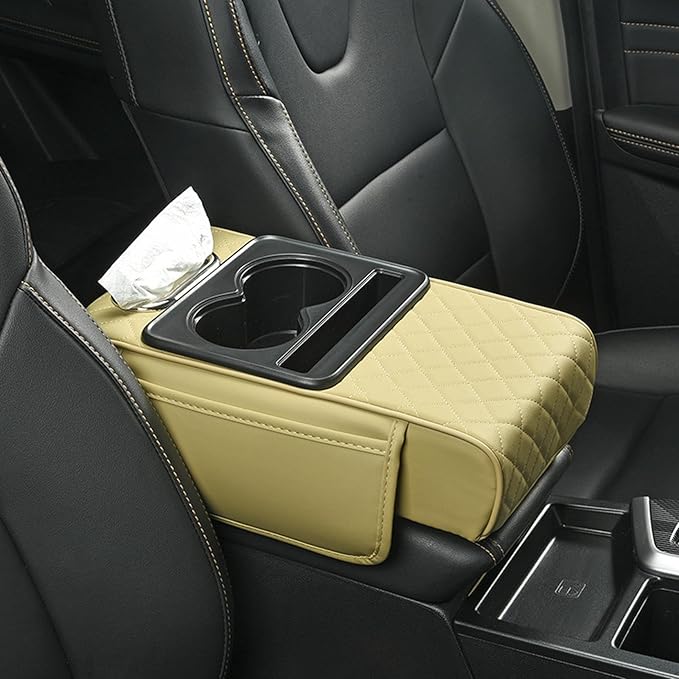 Car Armrest Cushion, 5-in-1 Center Console Cover with 2 Storage Bags Cup Holder Tissue Box Slot, Car Center Console Cover Pad Car Armrest Box Cover for SUV Truck (Gold)