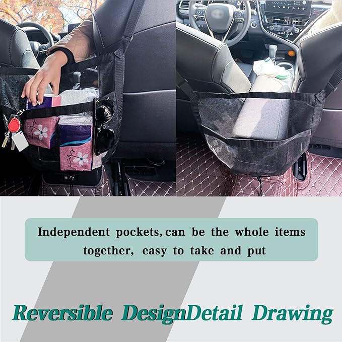 Car Storage Organizer Between Front Seats, Seat Back Net Bag, Net Pocket Handbag Holder, Barrier of Backseat Pet Kids, Driver Storage Netting Pouch, Automotive Consoles and Organizers, Black