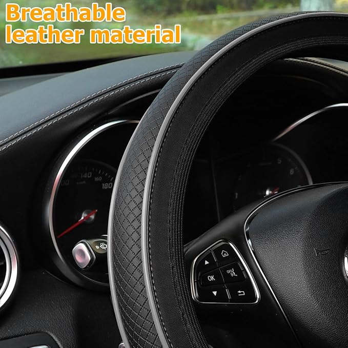 Car Steering Wheel Cover, Anti-Slip Breathable Leather Vehicle Steer Wheel Protector Adaptable to 14.5-15 Inches, Steering Wheel Protection Guard, Universal Automotive Accessories (Gray)