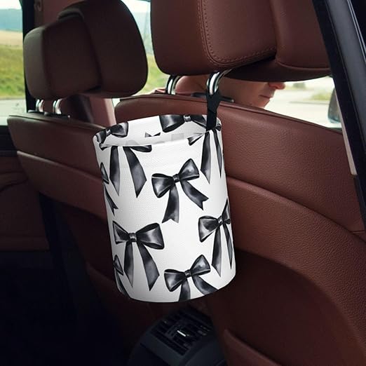 Black Satin Bow Car Trash Can Leak-Proof Waterproof Hanging Trash Bin Collapsible Garbage Can for Car Accessories Travelling Camping