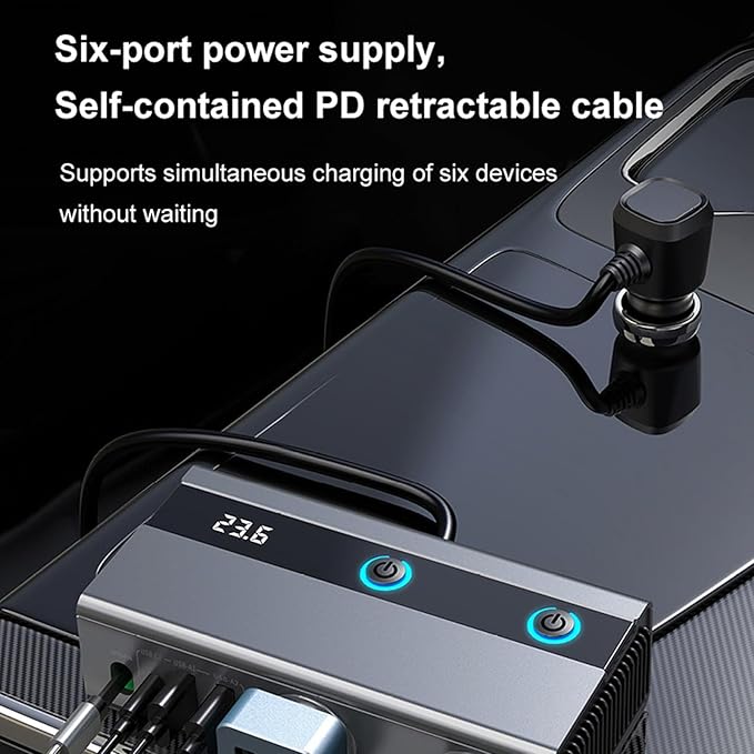 Socket Adapter with Retractable Type C Cable Car Phone Charging and USB/USB C MultiPort for Fast Charging Double Socket Adapter