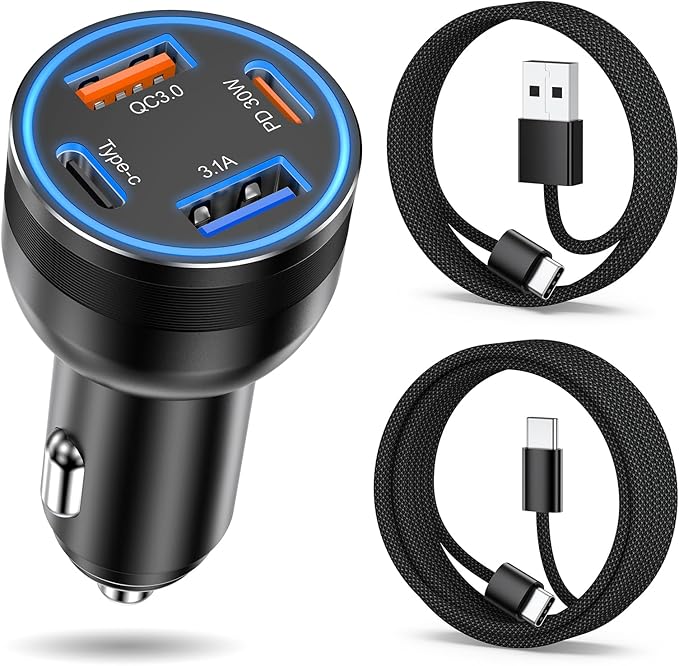 Car Charger USB C, 4-Port 65W USB C Car Charger Adapter Fast Charging Multi Port Cigarette Lighter Adapter with 2Pack USBC Cable, Type C Car Phone Charger for iPhone 17/16/15/14 Pro Max,iPad,Samsung