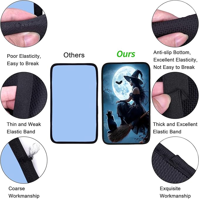 JANENFNA Car Armrest Cover Pads Universal Fashion Cute Auto Center Console Armrest Cover Pad with 2PCS Car Coasters Soft Waterproof Car Armrest Seat Protector for Women,Beautiful Witch