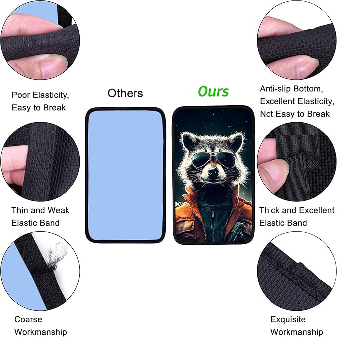 JANENFNA Car Armrest Cover Pads Universal Fashion Cute Auto Center Console Armrest Cover Pad with 2PCS Car Coasters Soft Waterproof Car Armrest Seat Protector for Women,Cool Raccoon Pattern