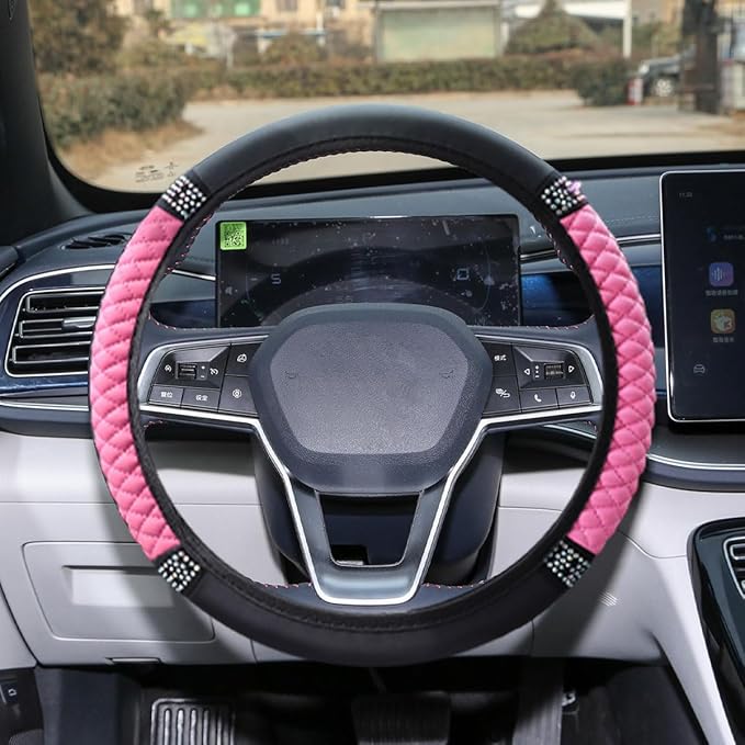Bling Soft Leather Steering Wheel Cover, 15" Anti-Slip Sparkly Crystal Auto Elastic Steering Wheel Protector for Women Girl, Colorful Diamond Car Interior Accessory for Most Cars (Pink)