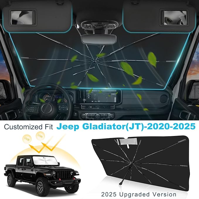 2025 Upgrade Windshield Sun Shade Umbrella Custom Fit for Jeep Gladiator(JT) 2020-2025 Foldable UV Protection Car Cover, Emergency Rain Shield & Dashboard Protector - Durable Auto Accessory
