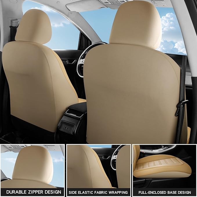 crossmiles Faux Leather Car Seat Covers Full Set, Foam Seat Cover for Car, Universal Car Seat Protector with Waterproof and Breath Fit for Cars, Trucks, SUV, Vans (Beige-Striped)