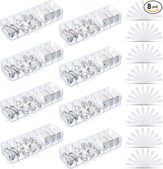 Tatuo 8 Pcs Cable Organizer with 80 Wire Ties, Plastic Cord Storage Charger Box Electronics Organizer with Adjustment Compartments Cable Storage for Drawer Home Office Desk Accessories (Clear)