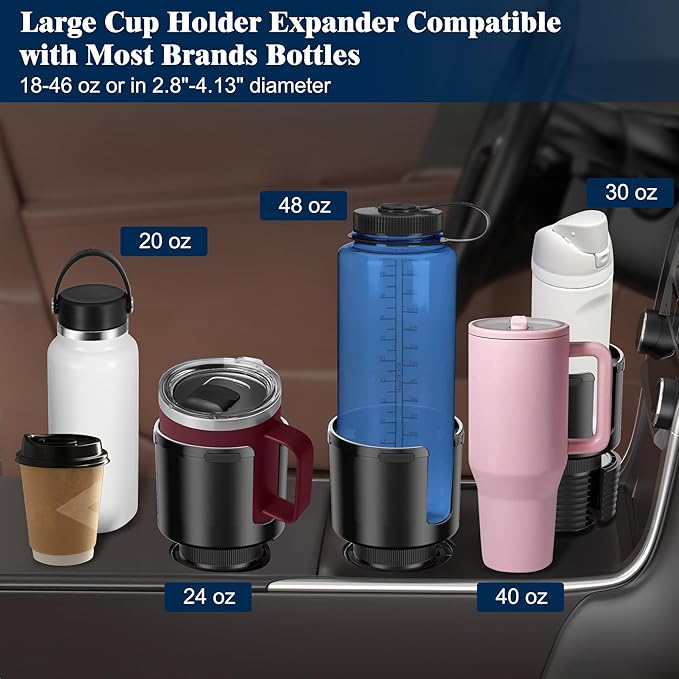 Car Cup Holder Expander, Cup Holder Expander for Car with Stretchable Rubber Base, Large Cup Holder Adapter Compatible with Yeti, Hydro Flask, Nalgene, Stanley, Owala, Bottles in 2.8”-4.13”, 2 Pack