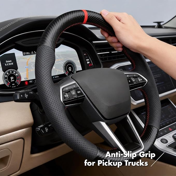 MEWANT Hand Stitch Steering Wheel Cover for Audi A6 2019-2022 A6 Allroad 2020-2022 A7 2019-2022 RS 6 Avant 2021-2022 RS 7 2021-2022 S6 2020-2022 Real Leather PU Carbon Fiber DIY Interior Accessories