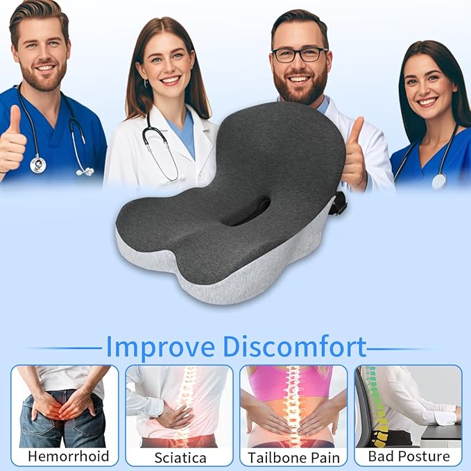 XZdream Memory Foam Seat Cushion,Office Chair Cushion with Lumbar Support for Back Pressure Relief, Car Seat Cushion with Adjustable Strap,Sciatica Pad Cushions for Car,Truck, Desk,Gaming Chair