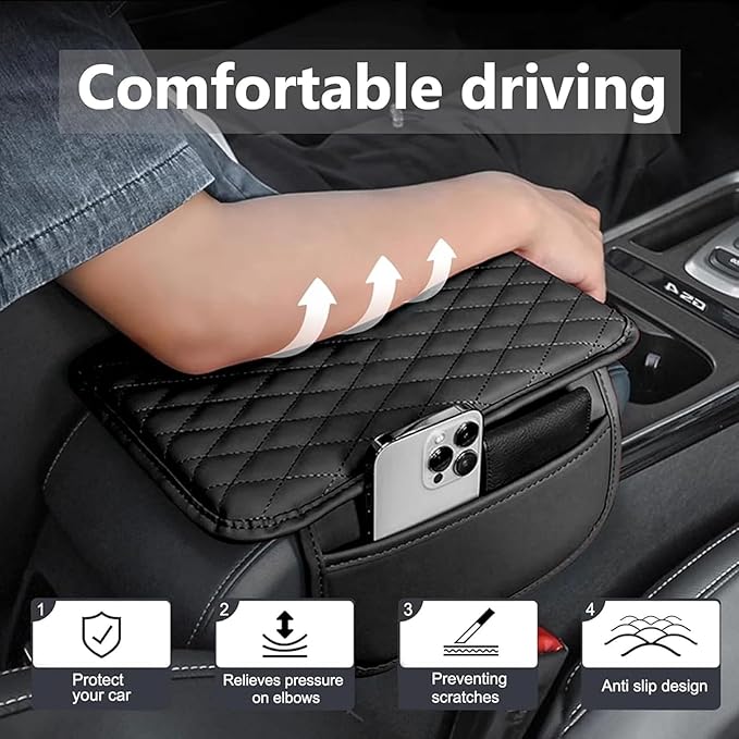 Car Armrest Cushion for BMW iX X1 X2 X3 X4 2004-2025, Center Console Covers Pad Leather Accessories, Arm Rest Protector Mat with Side Storage Bag for SUV/Sedan/Truck, C/Brown