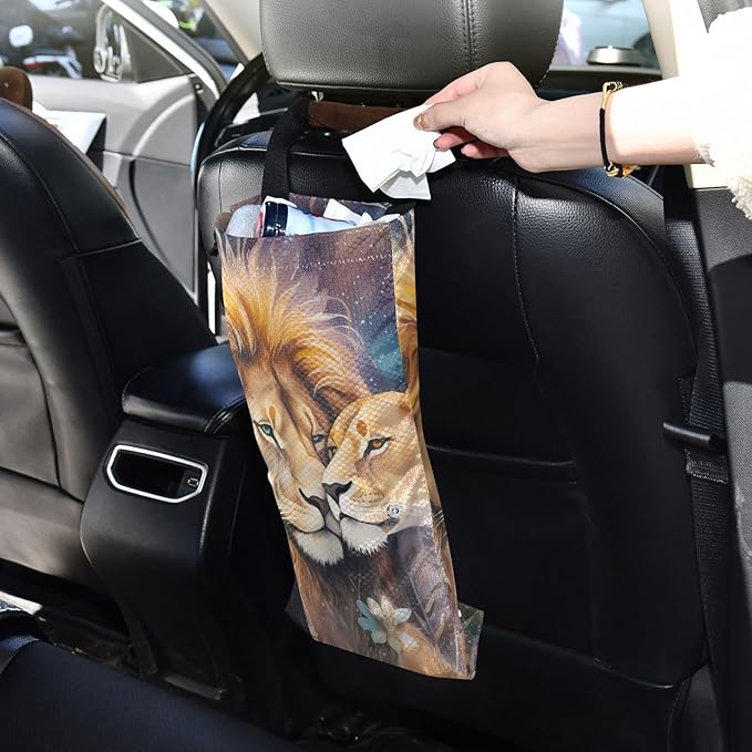 ALAZA Hanging Car Trash Bags Garbage Bag Trash Can for Back Seat Small Lion 2 Washable Storage Bag Retractable 2 Pack