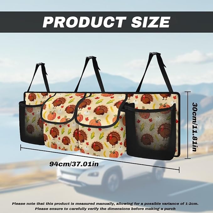 Thanksgiving Turkey Pumpkins Trunk Organizer, Collapsible Multi Pocket Car Organizer, Foldable SUV Storage Bag Car Accessories for Women Men, 3 Adjustable Straps