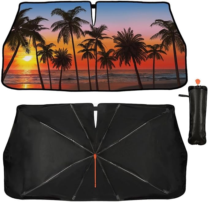 DOPINDU Palm Trees Sunset Car Windshield Sun Shade Umbrella Bendable Handle Foldable Tropical Beach Sunset Sunshade for Car Front Windshield Block UV Rays Keep Vehicle Cool 57"x30"