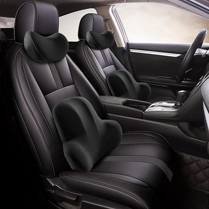 Car Headrest & Lumbar Support Cushion for Ford F-350 SuperCrew 2009-2024, Ergonomic Memory Foam Seat Headrest Neck Rest Cushion Travel Kit Removable for Neck Back Pain Relief,Black
