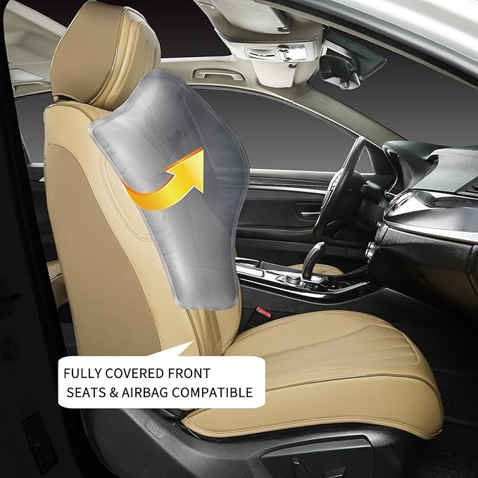 COVER EMPIRE Beige Leather Seat Covers, 5 Seats Universal Car Seat Covers Full Set, Waterproof Automotive Seat Covers Breathable Front and Rear Seat Covers for Most Sedans SUVs Trucks