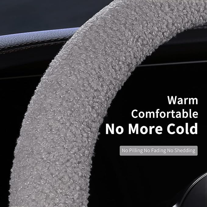 Furry Winter Car Steering Wheel Cover for Women, Soft Fleece Short Plush Warm Universal Auto Accessories for Vehicle, Sedan, Fuzzy, Anti Slip, Gray, Standard Size, 14.75-15.15in