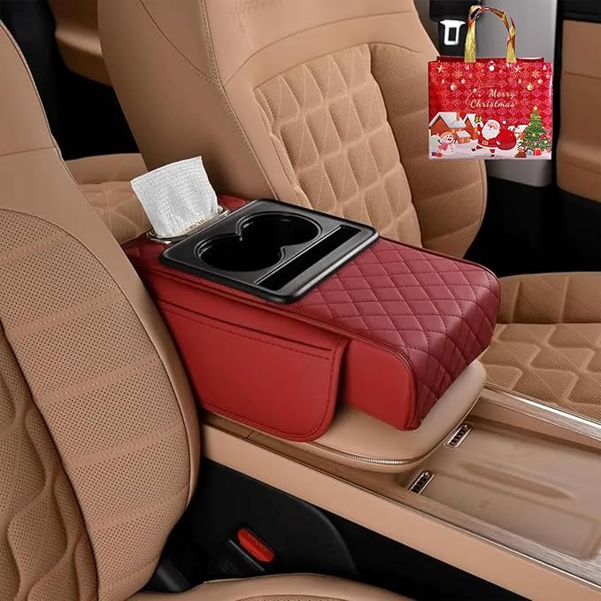 Multifunctional PU Leather Car Armrest Box Mat with Central Elbow, 2026 New Car Armrest Storage Box with Cup Holder, Tissue Box Slot, Phone Slot, Universal Fit (Red)