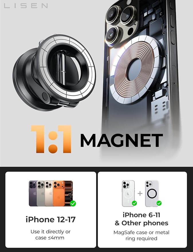 LISEN 2 Pack for Magsafe Car Mount, Cell Phone Holders for Your Car, Magnetic Car Accessories for Women Men Jeep Truck, Magnet Vacuum Gifts Kits for iPhone 17 Pro Max 16 15 14 13 12, Samsung S26