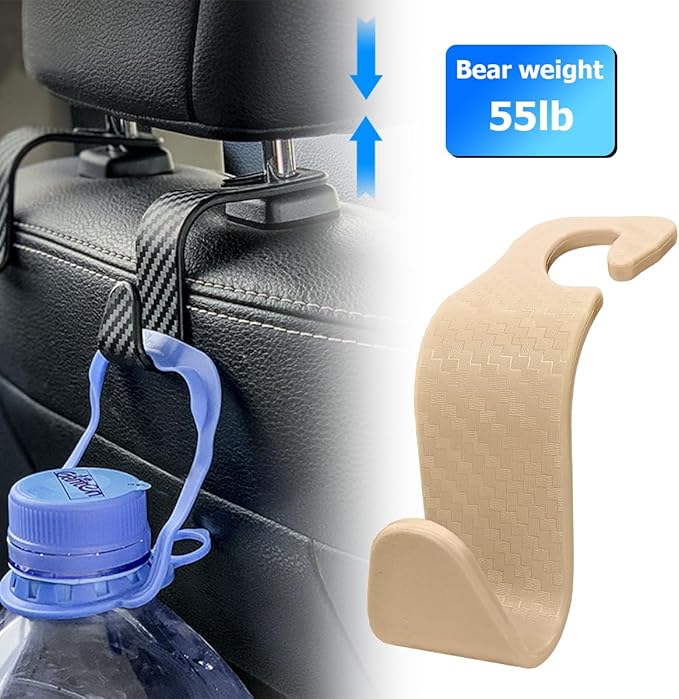 Car Back Seat Headrest Hooks, 4PCS Vehicle Backseat Storage Organizer Hanger, Multifunctional Auto Headrest Hidden Hook Universal for Handbag Purse Backpacks Bags(Carbon Fiber Beige)
