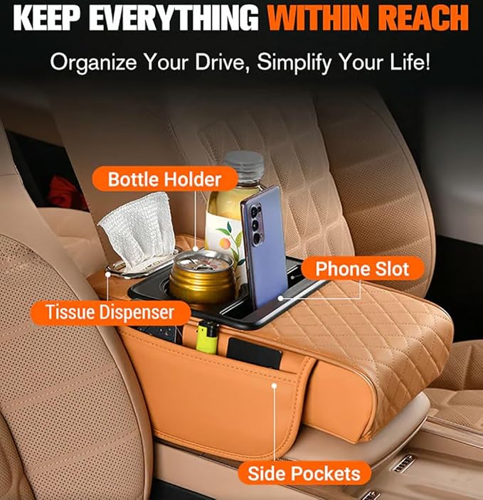 Multifunctional PU Leather Car Armrest Box Mat Organizer with Cup Holders, Universal 5-in-1 Car Armrest Storage Box Mat with Central Elbow for Most Cars (Cayenne Yellow)