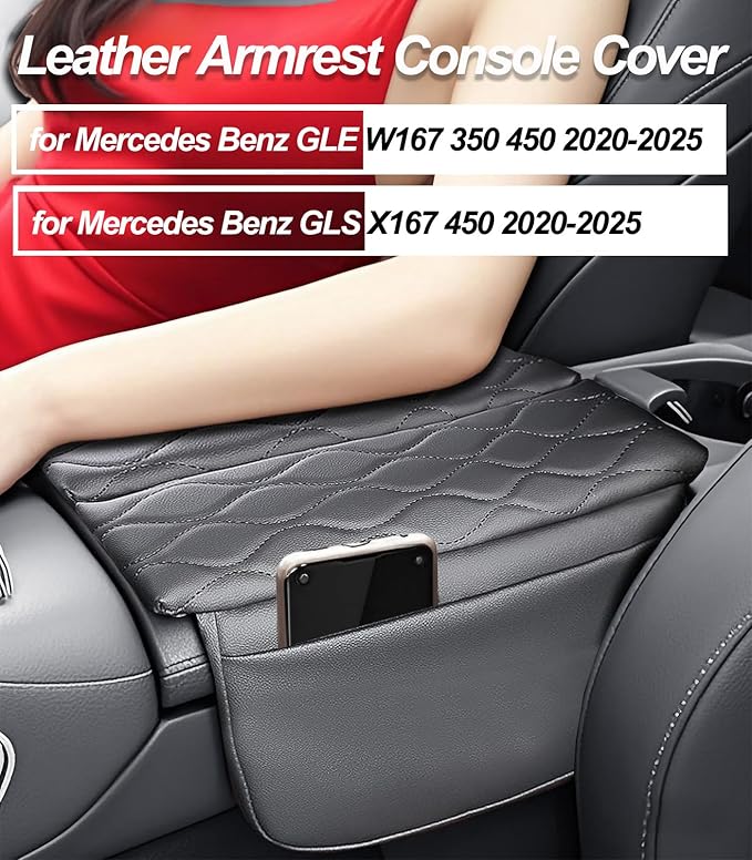 Egreat Center Console Armrest Cover for Mercedes Benz GLE 350 450 W167, GLS 450 X167 2020-2025, Leather Armrest Console Cover with Side Storage Pockets (for GLE GLS)