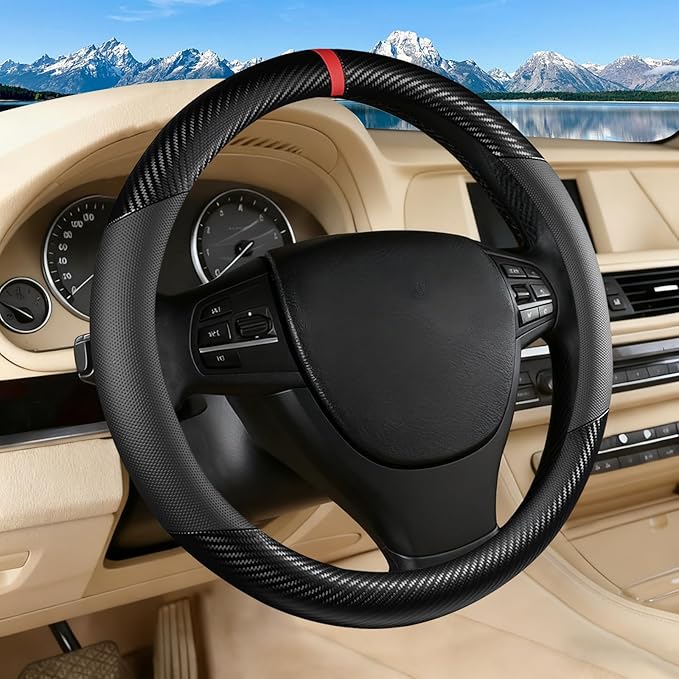 Black Carbon Fiber Leather Steering Wheel Cover, Microfiber Leather, Anti-Slip, Breathable, Universal Fit for 14.5–15 in Steering Wheel Cover for Men Women
