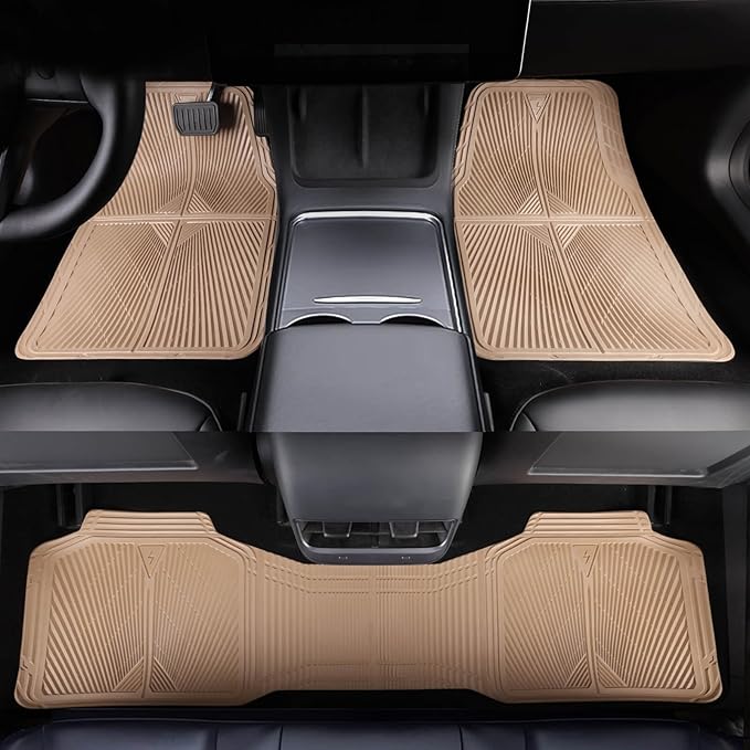 CAR PASS Beige Rubber Floor Mats&Cargo Liner,Waterproof Truck Mats Heavy Duty,All Weather Trim-to-Fit Automotive Mat for Car Truck SUV,Anti-Slip Easy Clean Durable,Full Set 5-Piece,3D Emboss All Beige