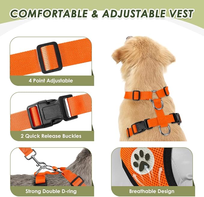 Lukovee Dog Seat Belt for Car, Adjustable Dog Car Harness for Large Medium Small Dogs, Soft Padded & Breathable Mesh Dog Seatbelt with Car Vehicle Connector Strap (Orange Double Clip,Medium)