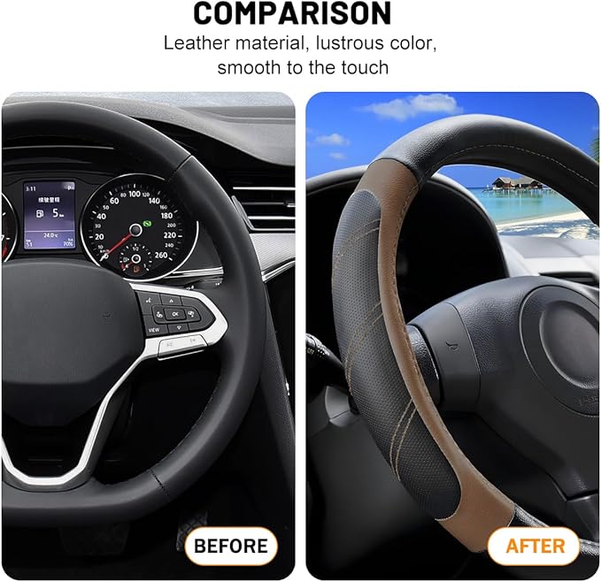 Car Steering Wheel Cover, 15 Inch Carbon Fiber Leather Non-Slip Steering Wheel Protector with Lining, Breathable Automotive Interior Accessories, Universal for SUV RV Truck (Brown)