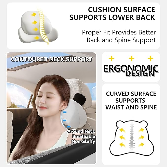 Cute Panda Car Neck Pillow & Lumbar Support Memory Foam Cushion for Driving Adjustable Headrest Waist Pillow for Most Seats (Black, Headrest)