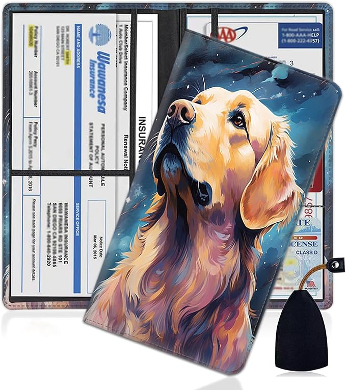Car Registration and Insurance Holder, PU Leather Auto Document Holder for Men&Women, Vehicle Glove Box Compartment Organizer with Magnetic Shut for Driver's License, Golden Retriever Dog Pattern