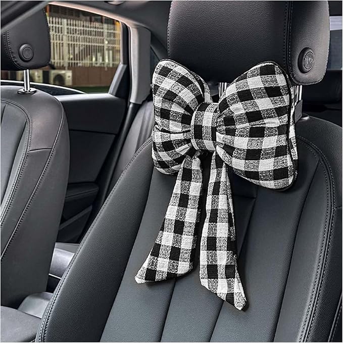 2026 New Bow Car Neck Pillow,Stylish Car Headrest Pillow with Black & White Check for Cars Decorations,Breathable Comfortable Neck Pillows for Cars as Halloween