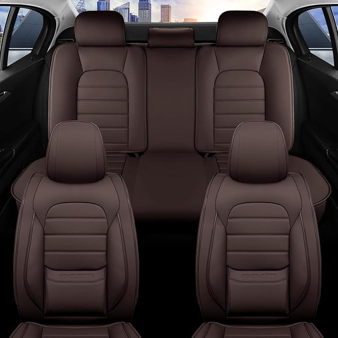 COVER EMPIRE Brown Car Seat Covers Full Set, Universal Faux Leather Seat Covers for Cars 5 Seats, Waterproof Leather Car Seat Covers, Comfortable Automotive Seat Covers for Most Sedans Trucks SUVs