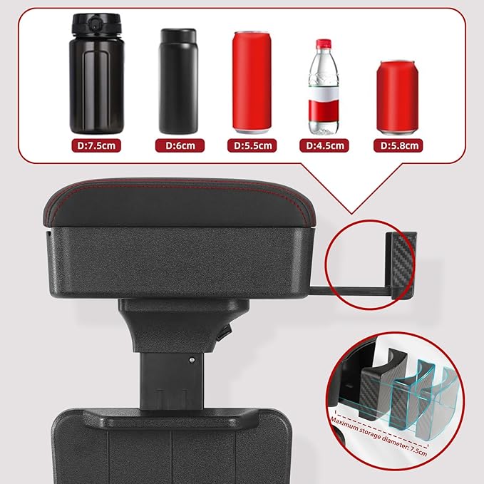 Rupse Universal Car Armrest Storage Box with Cup Holder, Adjustable Wrist Support, Center Console Organizer for Most Cars (Black Red Line)