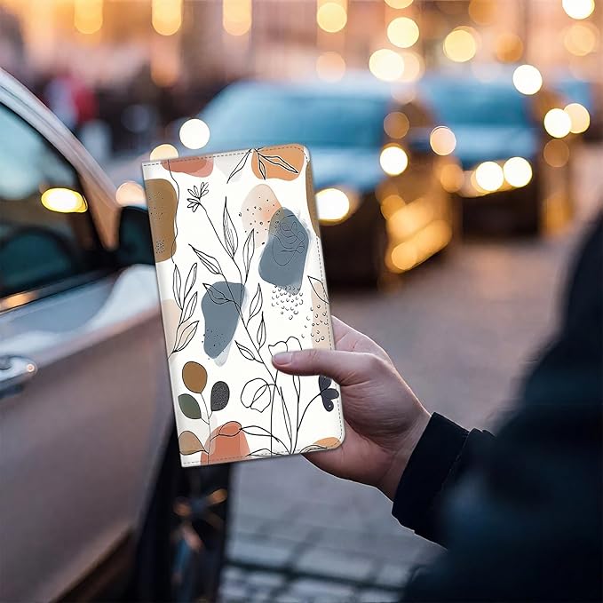 Car Registration and Insurance Card Holder for Women Men, Waterproof PU Leather Glove Box Car Organizer with Magnetic Shut, Vehicle Document Holder for Driver License,Cards, Modern Art, Leaves