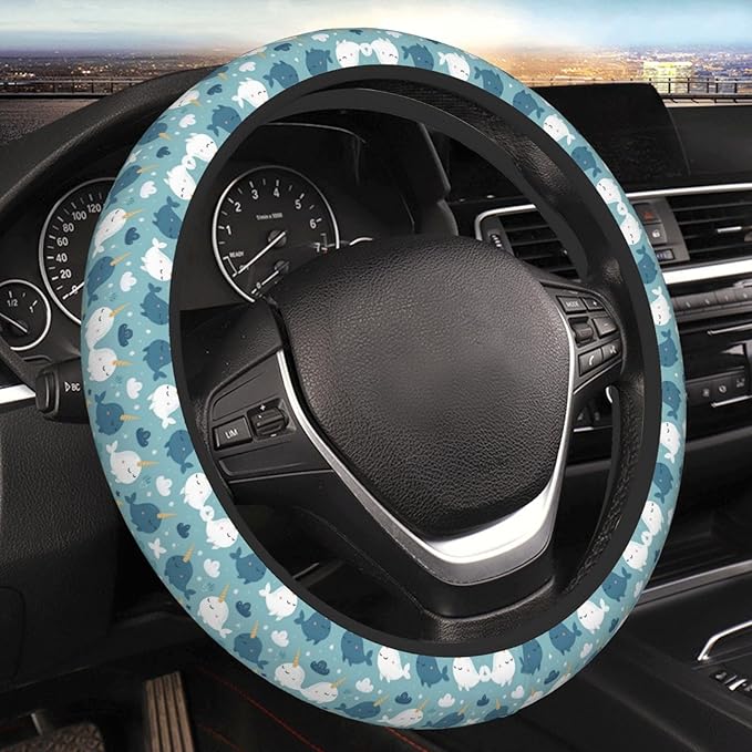 Cute Narwhal Pattern Car Steering Wheel Cover, 15 Inch Steering Wheel Cover Stylish Decor for Most Cars