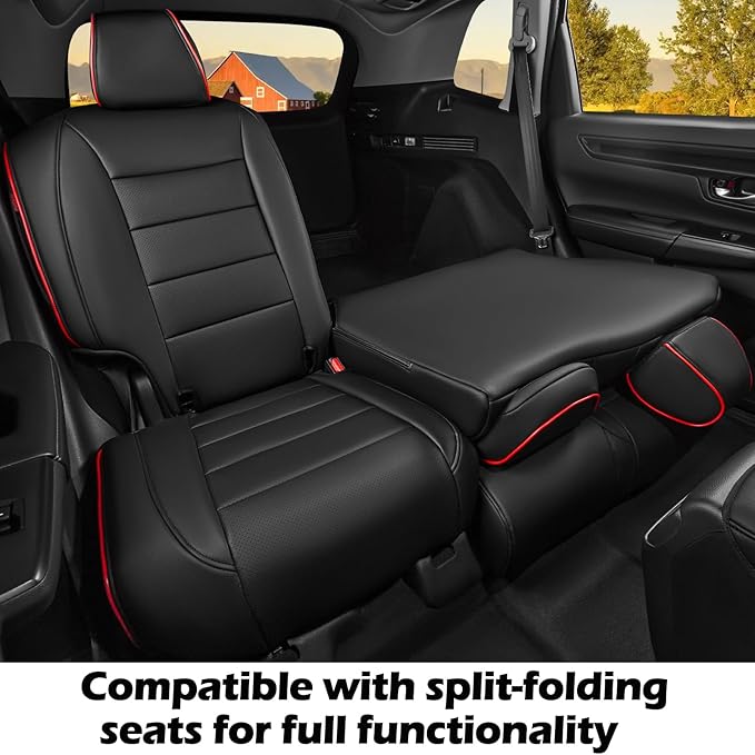 HKZ Fit CRV Car Seat Covers Full Set for Honda CR-V 2023 2024 2025 2026 CRV LX;EX;EX-L;Sport;Touring;Special Edition & Hybrid Model - Leather (Black with Red Trim)