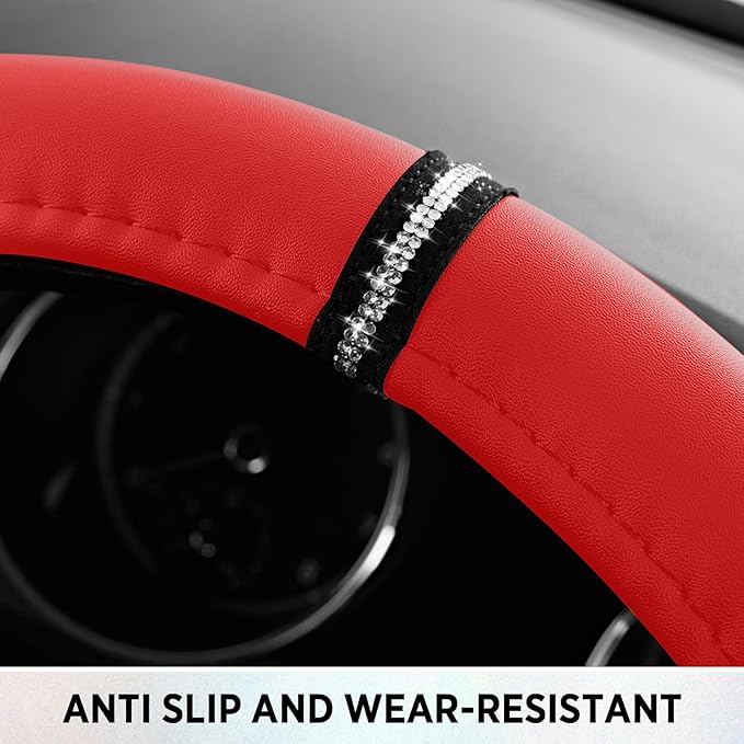 Road Comforts Leopard Steering Wheel Cover - Made with PVC Leather Cheetah Print, D-Shaped Automotive Steering Wheels - Anti-Slip, Universal Fit 14 1/2 inches to 15 inches - Red