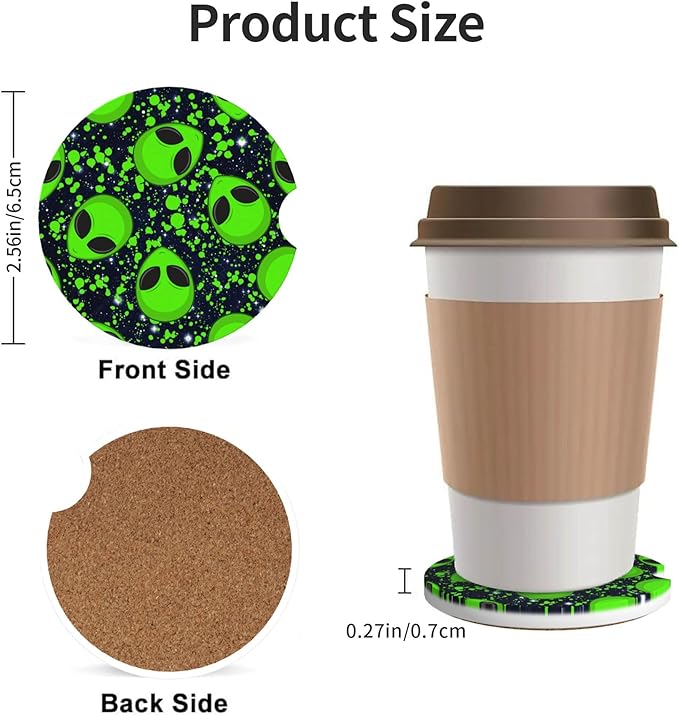 HUWAAI Alien Glaxy Sky Green Car Cup Holder Coasters 2 Pack Universal 2.63 Inch Anti Slip Ceramic Absorbent Coaster with Cork Base and Finger Notch Cute Car Accessories Interior for Women