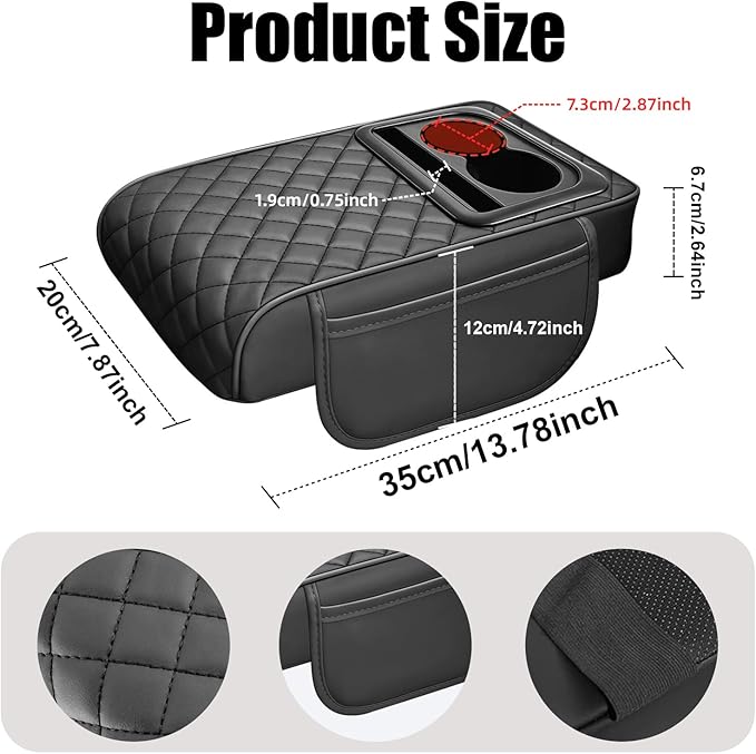 Car Center Console Armrest Cushion, Memory Foam Ergonomic Car Arm Rest Cushion with Cup Holder & Phone Storage& 2 Sided Pockets, Waterproof Leather Armrest Box Protector, 13.78" x 7.78" (Black)