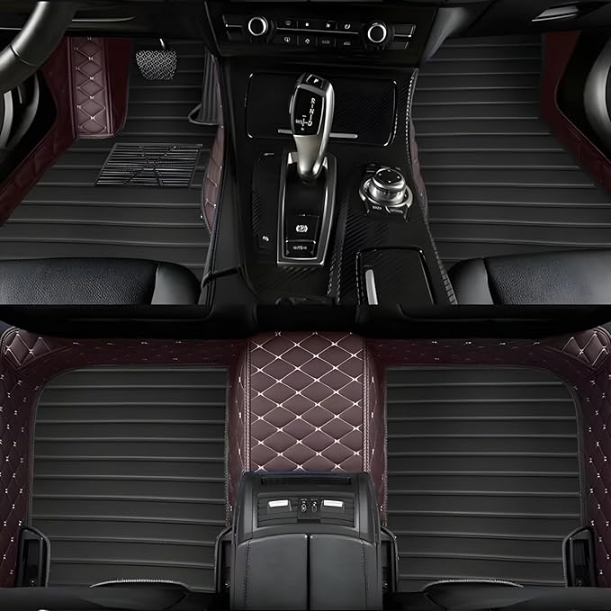 Custom Leather Car Mats, Vehicle-Specific Fit All-Weather Floor Mats, 100% Waterproof Anti-Slip Durable Protection for SUV Truck Sedan, Precision Tailored Protection (Brown Black Stripes)