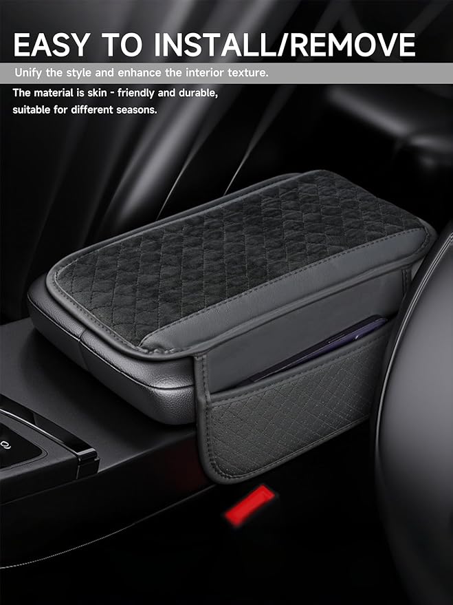 Cxtiy Universal Car Center Console Cover - Plush Leather Dog Scratch Proof Armrest Pad with 2 Side Storage Pockets, Soft Cushion for Car Interior Accessories (Black)